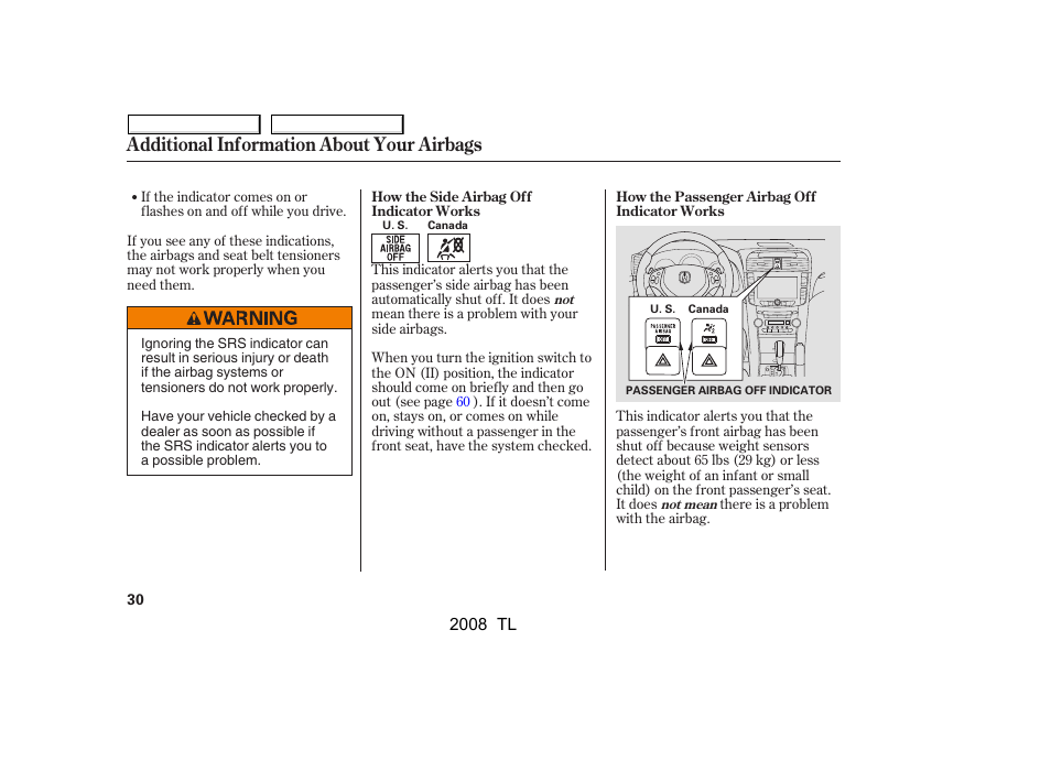 Additional information about your airbags | Acura 2008 TL - Owner's Manual User Manual | Page 33 / 376