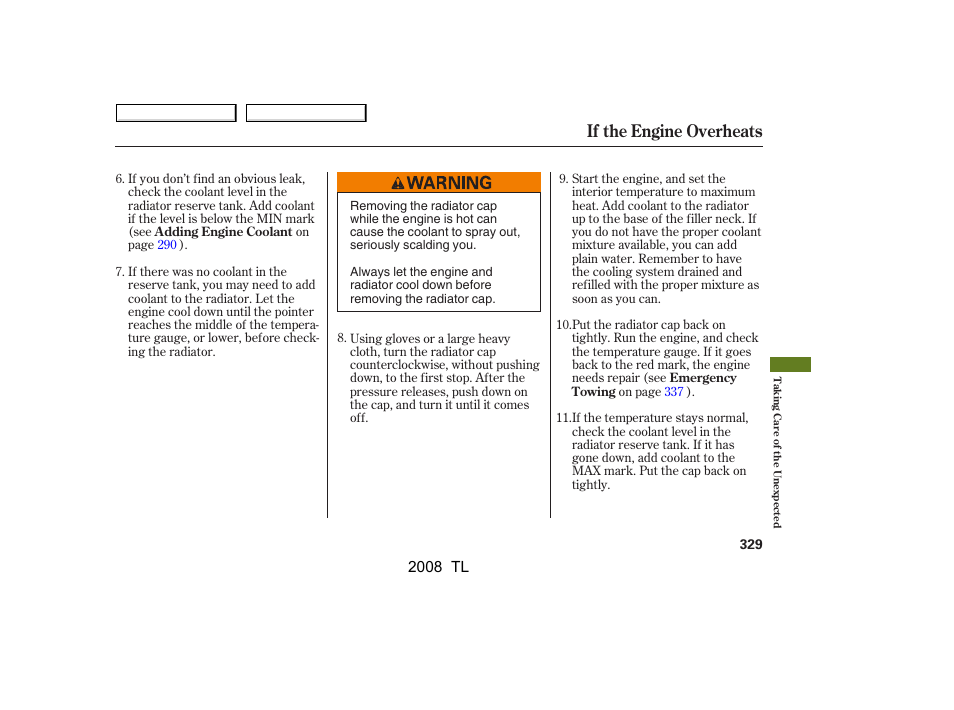 If the engine overheats, 2008 tl | Acura 2008 TL - Owner's Manual User Manual | Page 332 / 376
