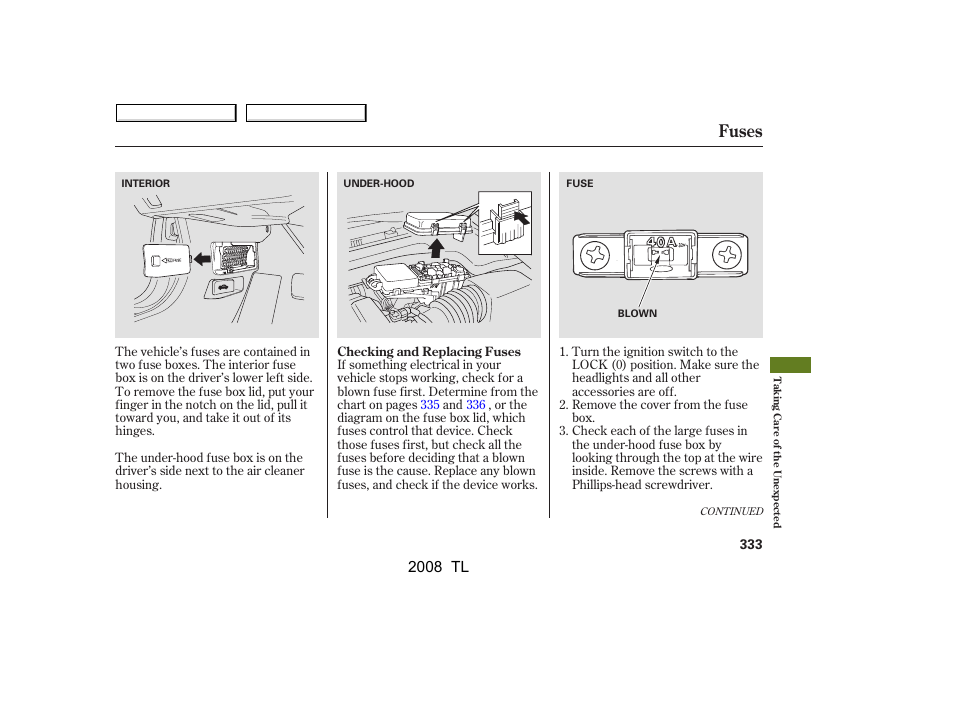 Fuses, 2008 tl | Acura 2008 TL - Owner's Manual User Manual | Page 336 / 376
