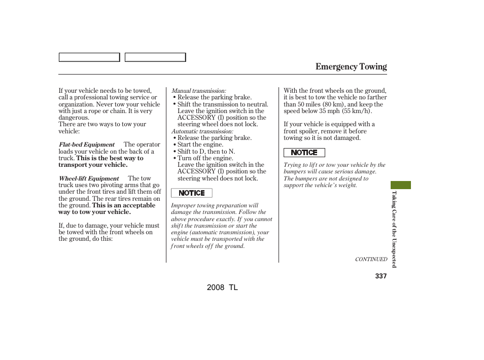 Emergency towing, 2008 tl | Acura 2008 TL - Owner's Manual User Manual | Page 340 / 376