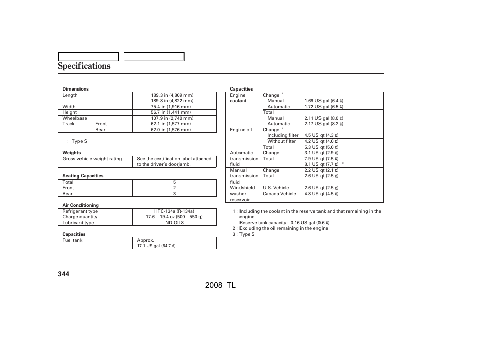 Specifications, 2008 tl | Acura 2008 TL - Owner's Manual User Manual | Page 347 / 376