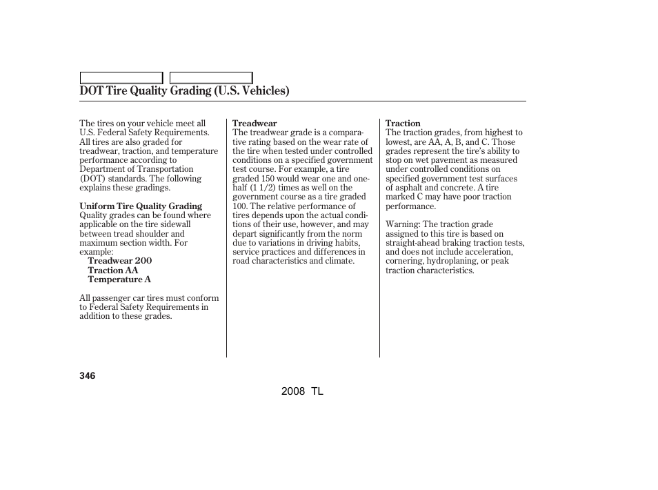 Dot tire quality grading (u.s. vehicles) | Acura 2008 TL - Owner's Manual User Manual | Page 349 / 376