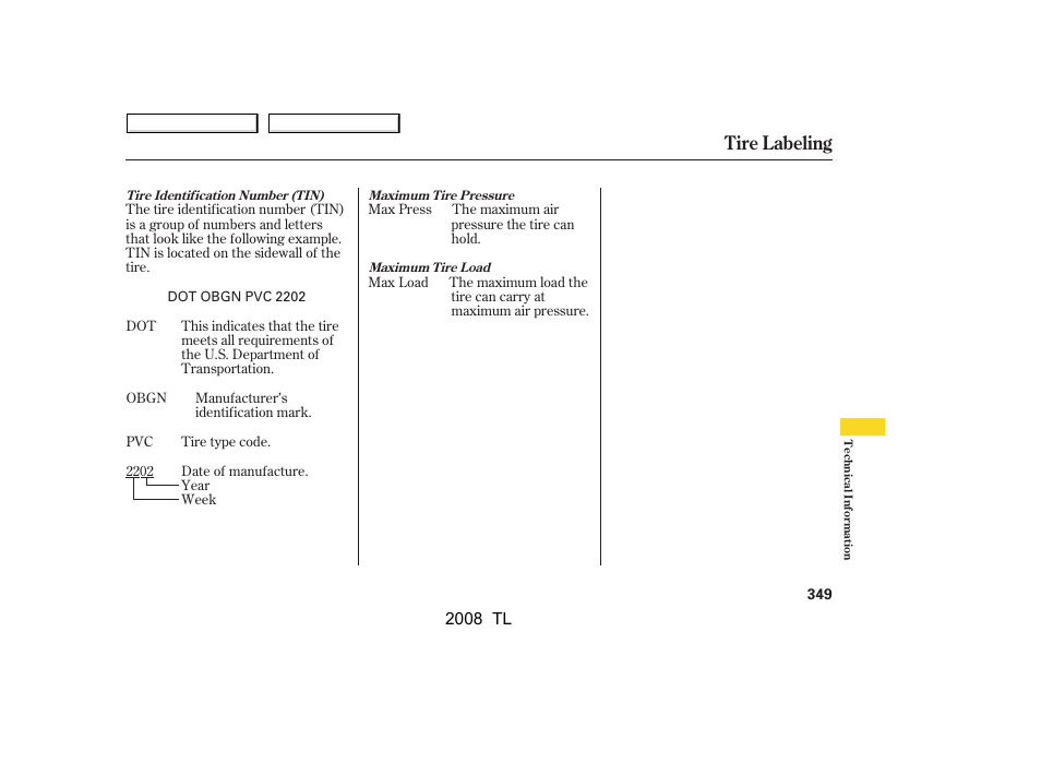 Tire labeling | Acura 2008 TL - Owner's Manual User Manual | Page 352 / 376