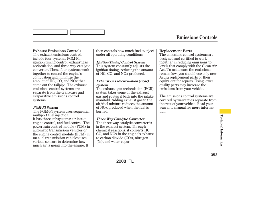 Emissions controls, 2008 tl | Acura 2008 TL - Owner's Manual User Manual | Page 356 / 376