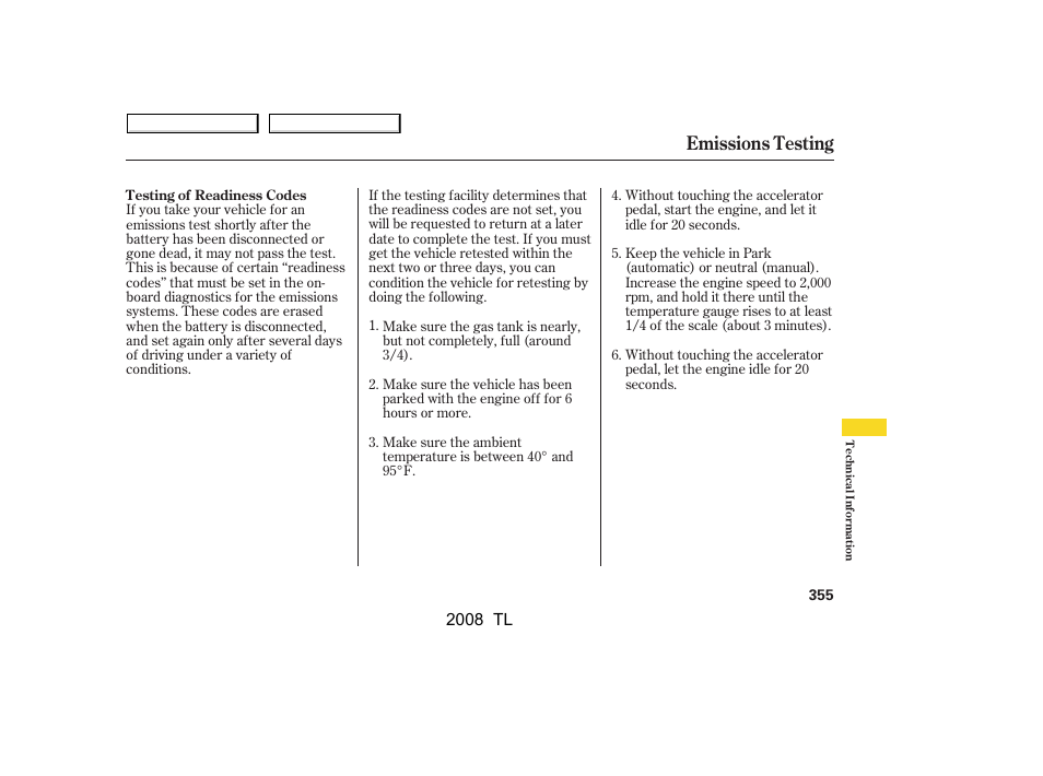 Emissions testing | Acura 2008 TL - Owner's Manual User Manual | Page 358 / 376