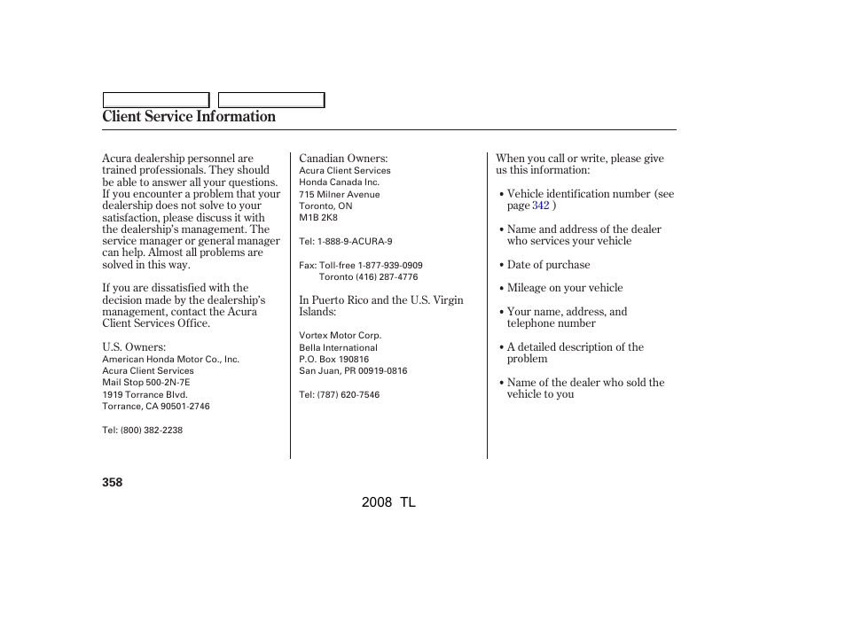 Client service information | Acura 2008 TL - Owner's Manual User Manual | Page 361 / 376