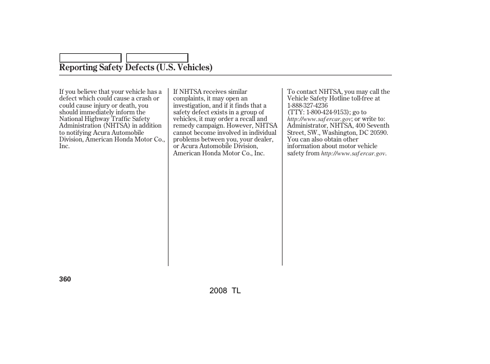 Reporting safety defects (u.s. vehicles) | Acura 2008 TL - Owner's Manual User Manual | Page 363 / 376