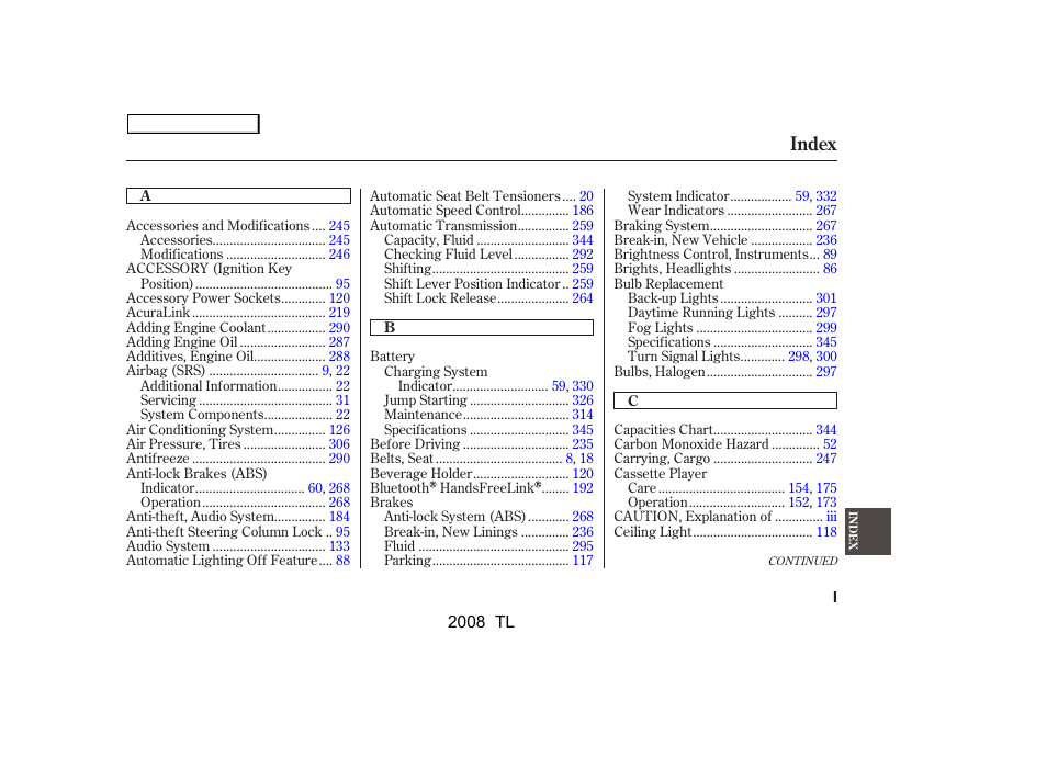 Index | Acura 2008 TL - Owner's Manual User Manual | Page 366 / 376
