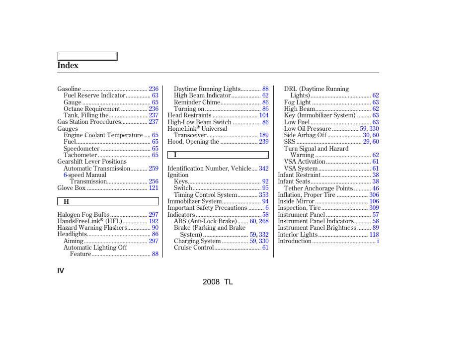 Index | Acura 2008 TL - Owner's Manual User Manual | Page 369 / 376