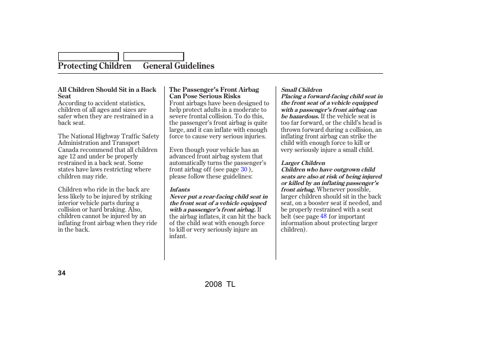 Protecting children general guidelines | Acura 2008 TL - Owner's Manual User Manual | Page 37 / 376