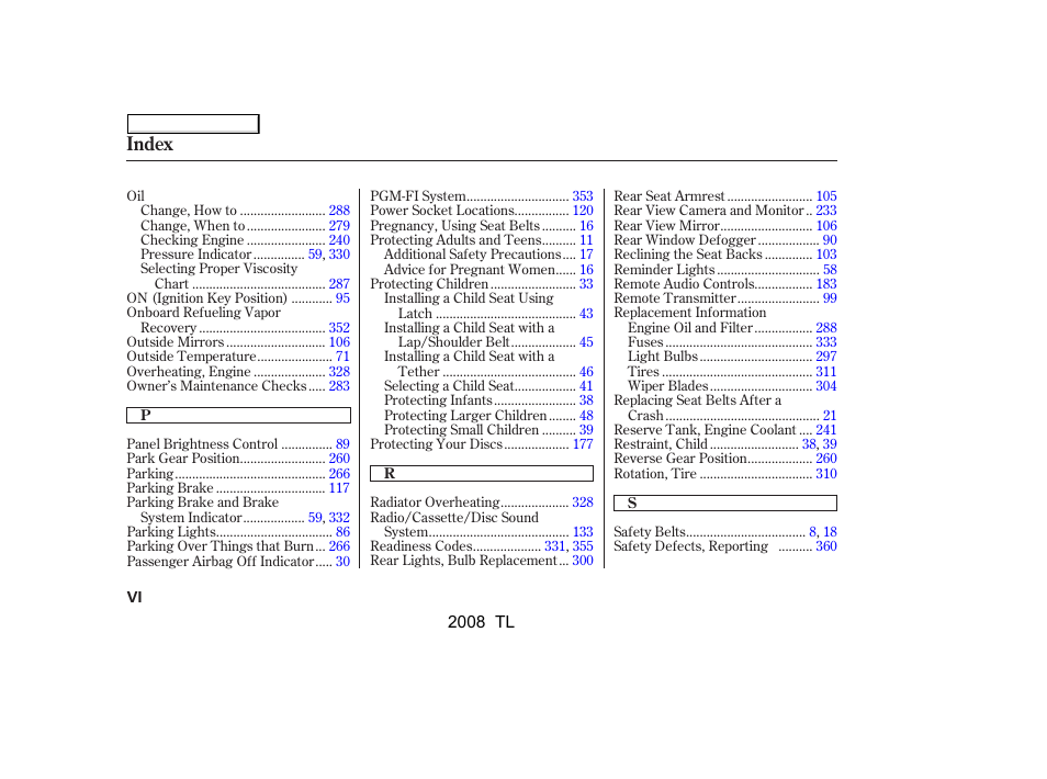 Index | Acura 2008 TL - Owner's Manual User Manual | Page 371 / 376