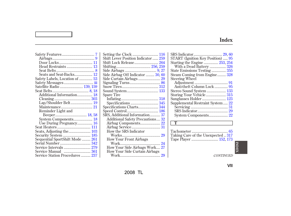 Index | Acura 2008 TL - Owner's Manual User Manual | Page 372 / 376