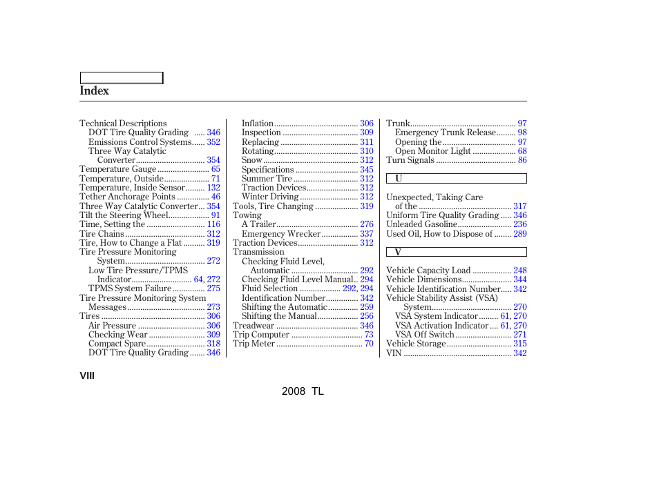 Index | Acura 2008 TL - Owner's Manual User Manual | Page 373 / 376