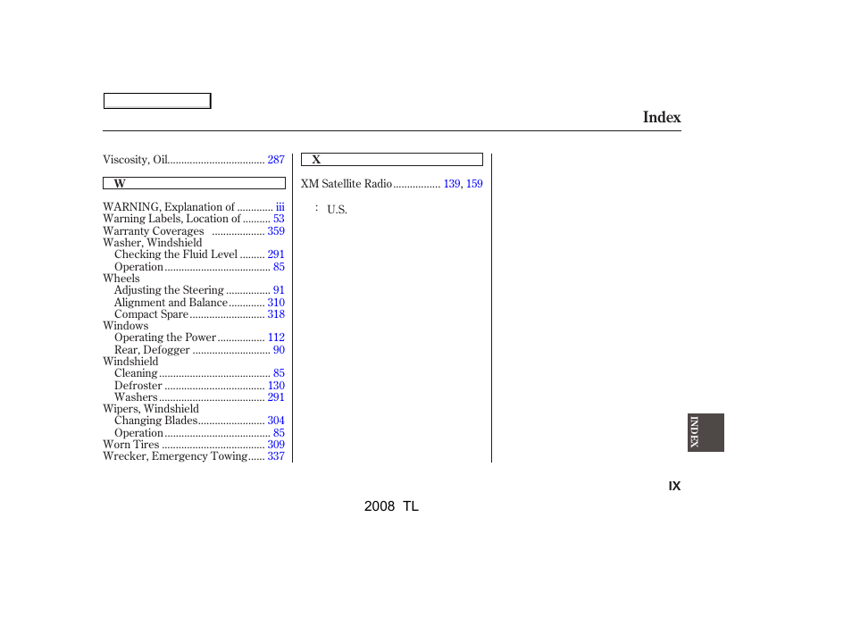 Index | Acura 2008 TL - Owner's Manual User Manual | Page 374 / 376