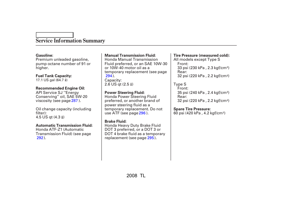 Service information summary | Acura 2008 TL - Owner's Manual User Manual | Page 375 / 376