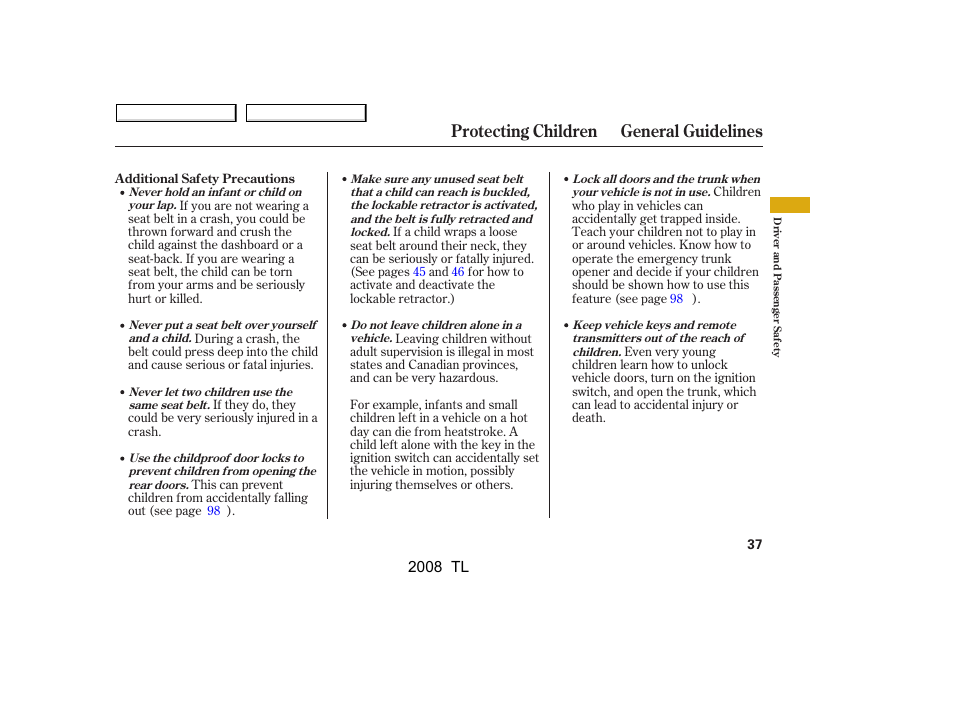 Protecting children general guidelines | Acura 2008 TL - Owner's Manual User Manual | Page 40 / 376