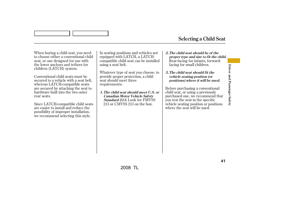 Selecting a child seat, 2008 tl | Acura 2008 TL - Owner's Manual User Manual | Page 44 / 376