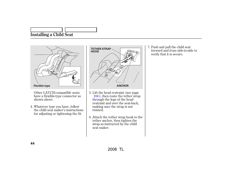 Installing a child seat | Acura 2008 TL - Owner's Manual User Manual | Page 47 / 376