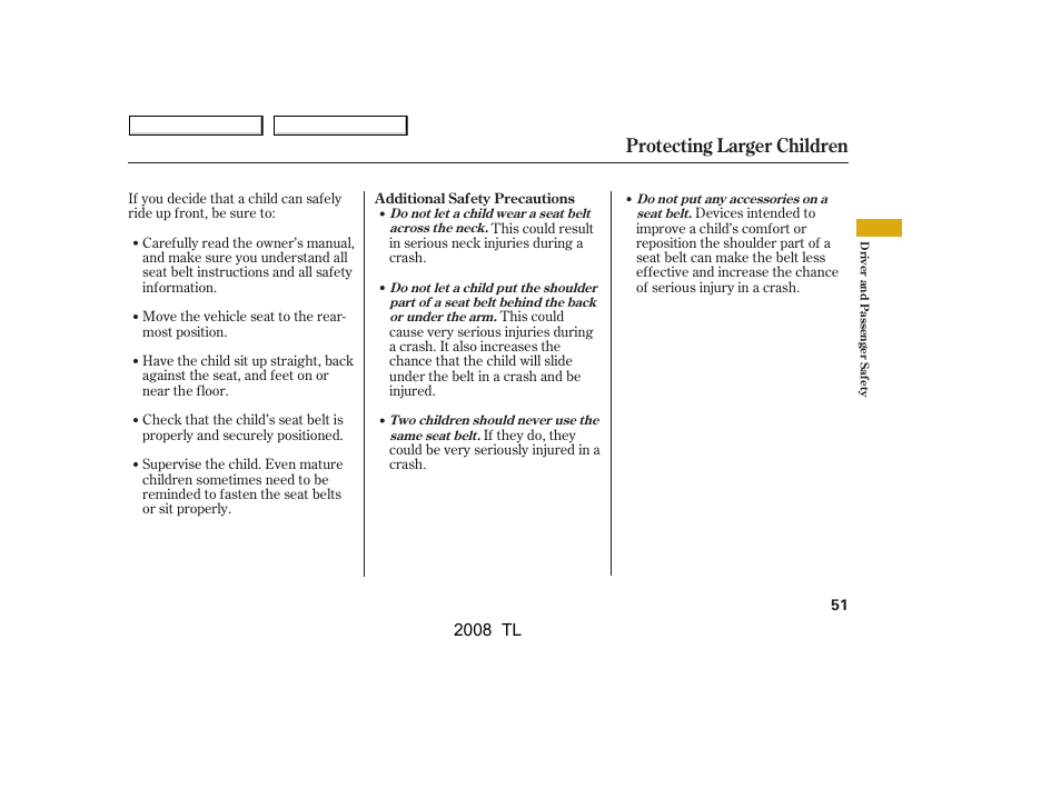 Protecting larger children | Acura 2008 TL - Owner's Manual User Manual | Page 54 / 376