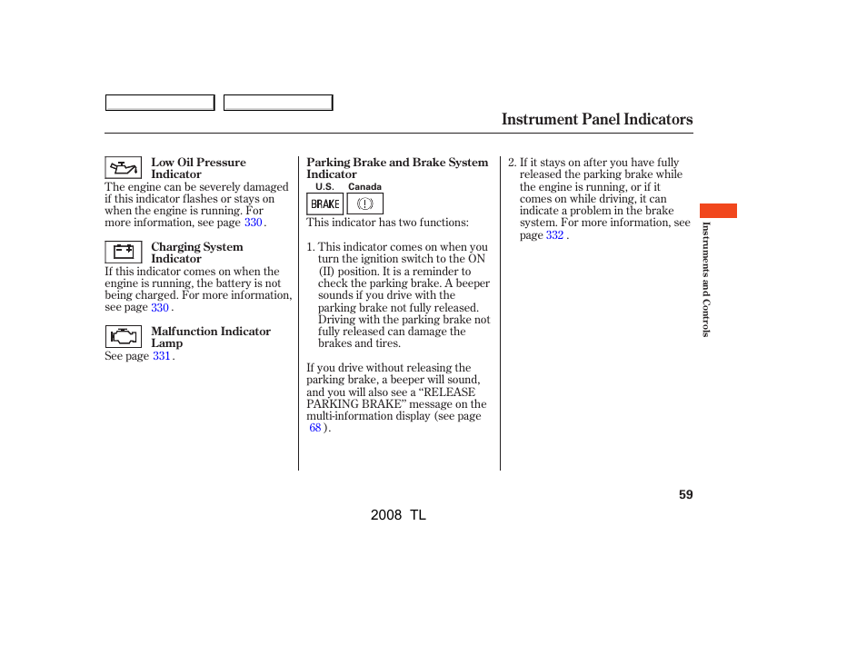 Instrument panel indicators, 2008 tl | Acura 2008 TL - Owner's Manual User Manual | Page 62 / 376