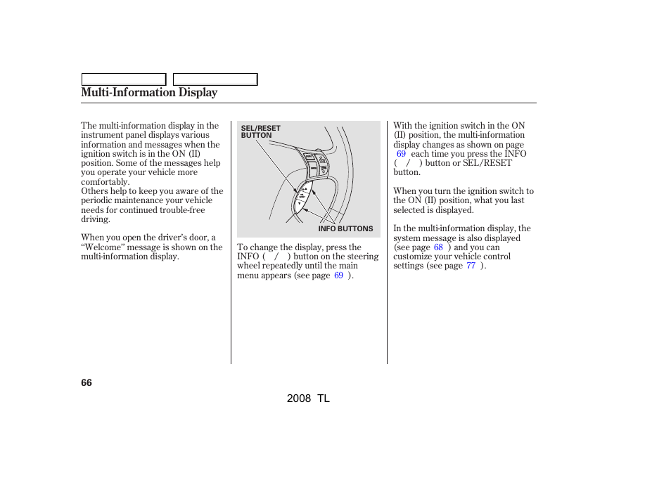 Multi-information display | Acura 2008 TL - Owner's Manual User Manual | Page 69 / 376