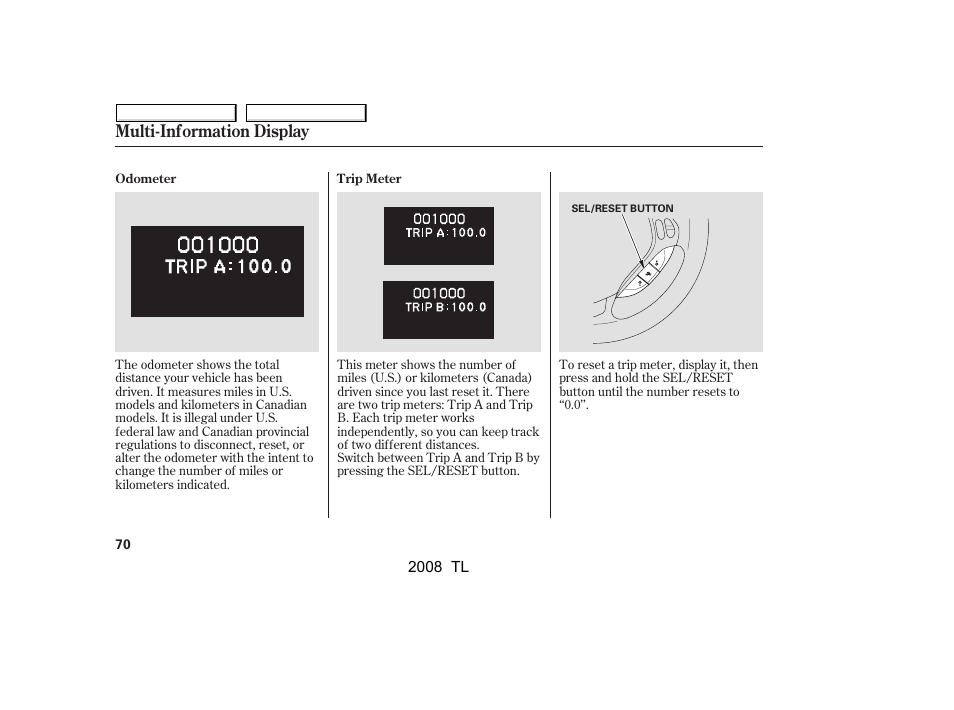 Multi-information display | Acura 2008 TL - Owner's Manual User Manual | Page 73 / 376
