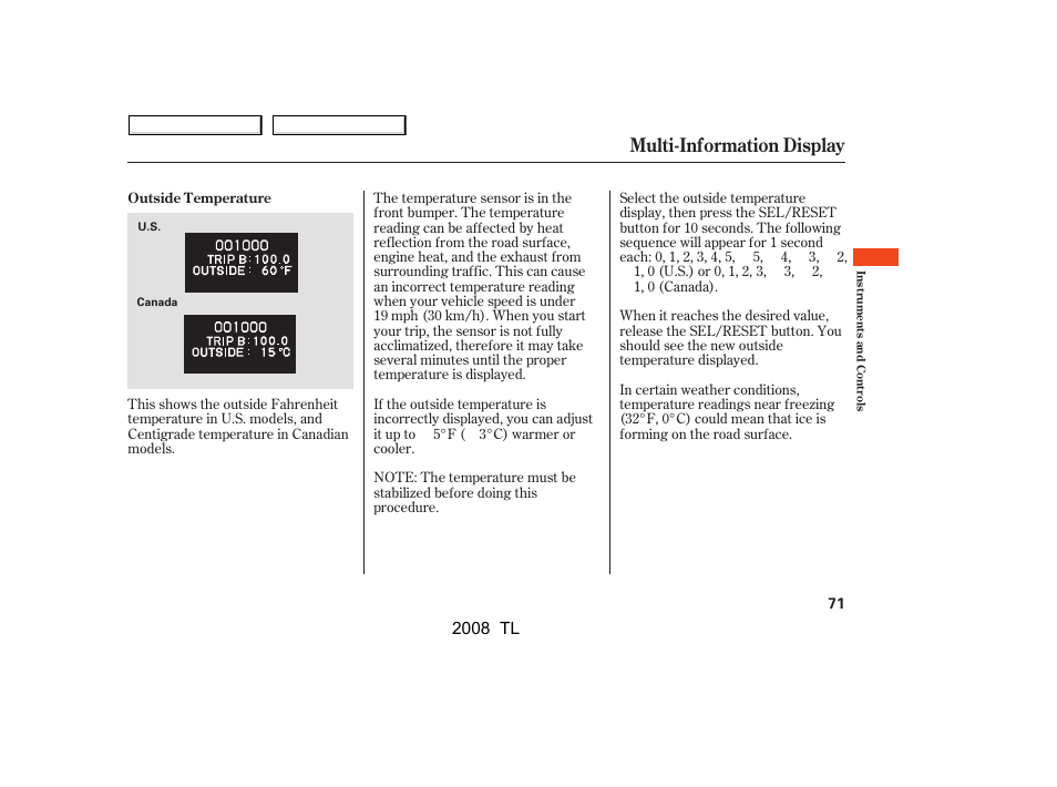 Multi-information display, 2008 tl | Acura 2008 TL - Owner's Manual User Manual | Page 74 / 376