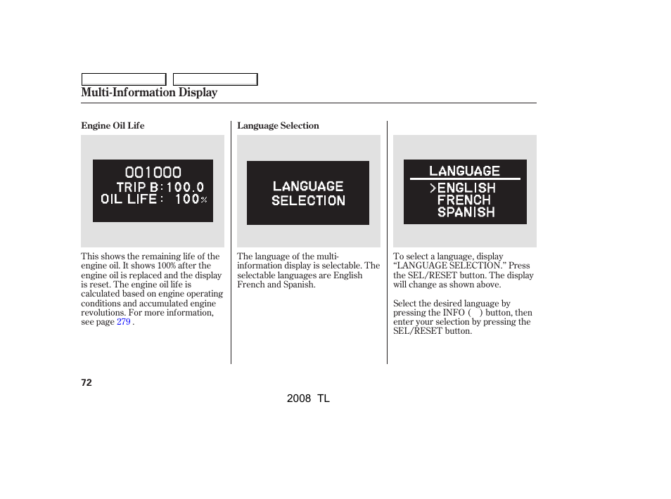 Multi-information display | Acura 2008 TL - Owner's Manual User Manual | Page 75 / 376