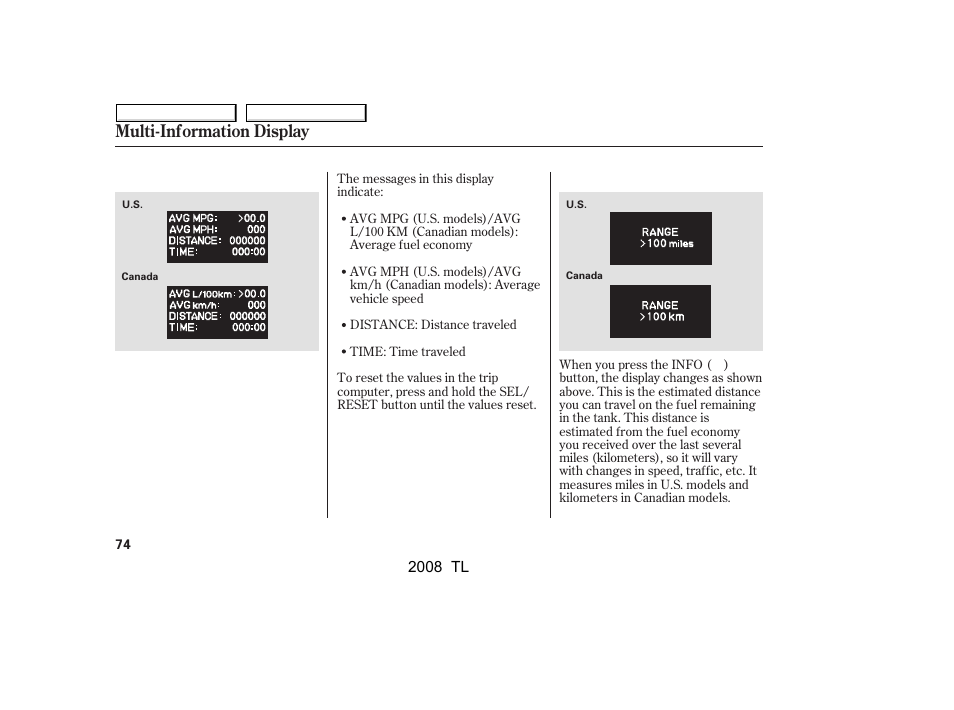 Multi-information display | Acura 2008 TL - Owner's Manual User Manual | Page 77 / 376