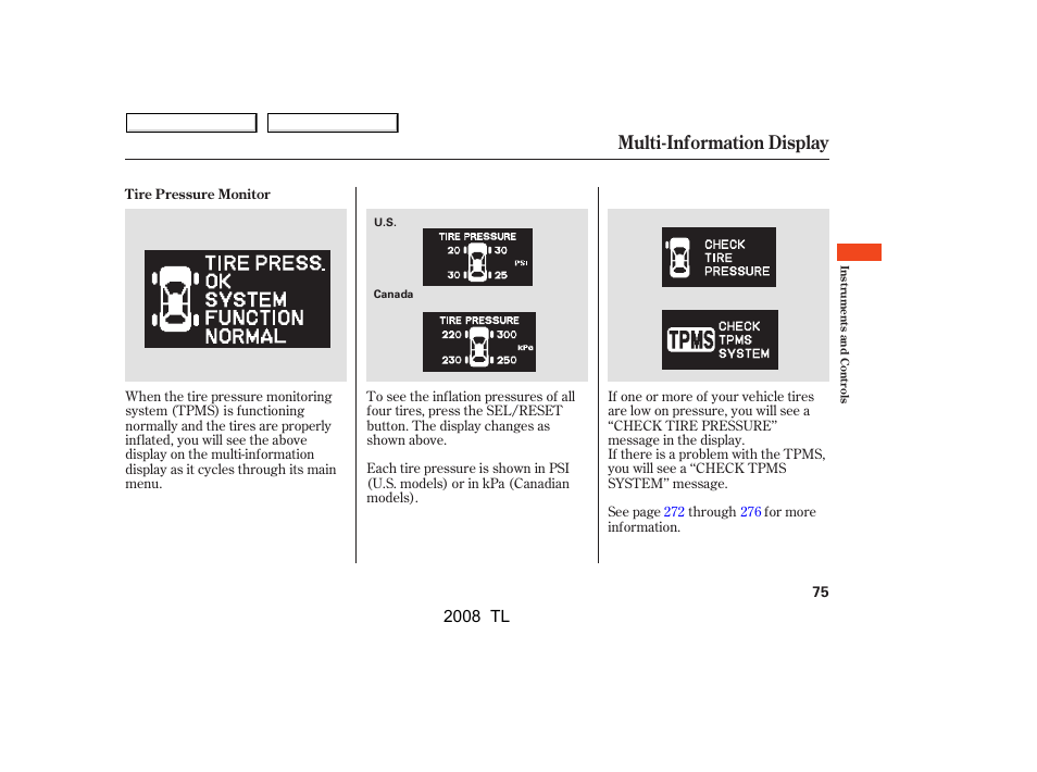 Multi-information display, 2008 tl | Acura 2008 TL - Owner's Manual User Manual | Page 78 / 376