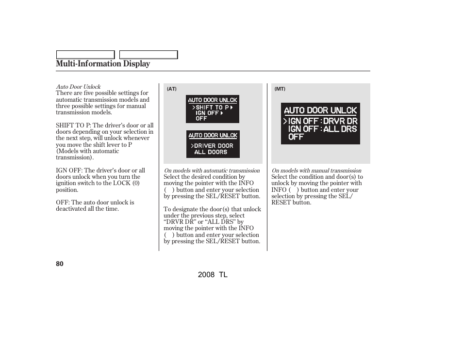 Multi-information display | Acura 2008 TL - Owner's Manual User Manual | Page 83 / 376