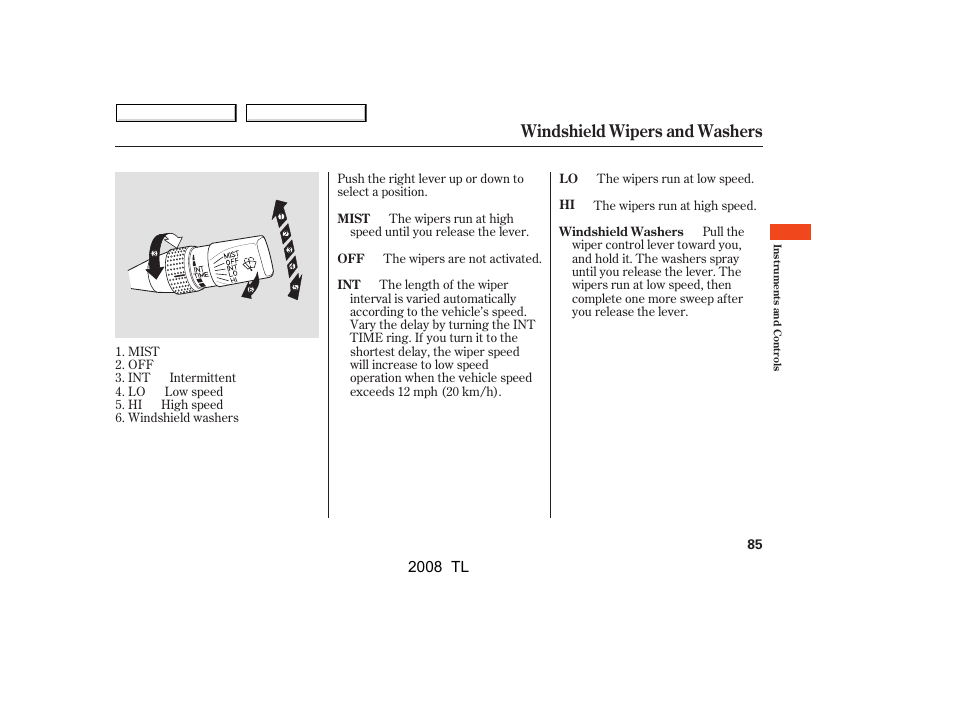 Windshield wipers and washers | Acura 2008 TL - Owner's Manual User Manual | Page 88 / 376