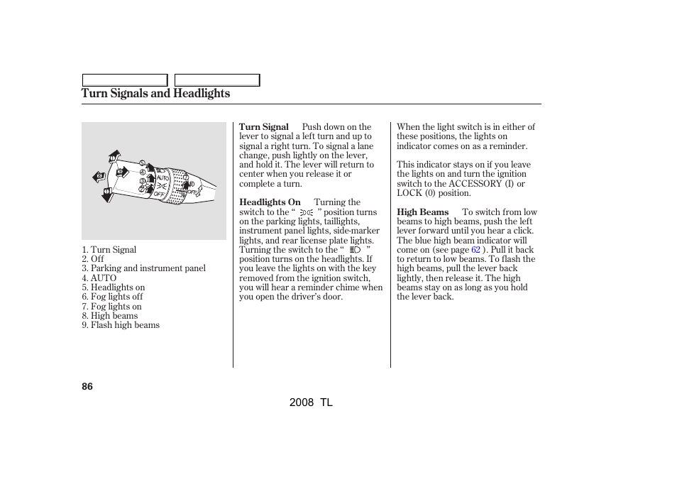 Turn signals and headlights | Acura 2008 TL - Owner's Manual User Manual | Page 89 / 376