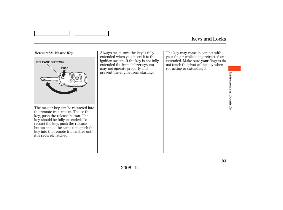 Keys and locks, 2008 tl | Acura 2008 TL - Owner's Manual User Manual | Page 96 / 376