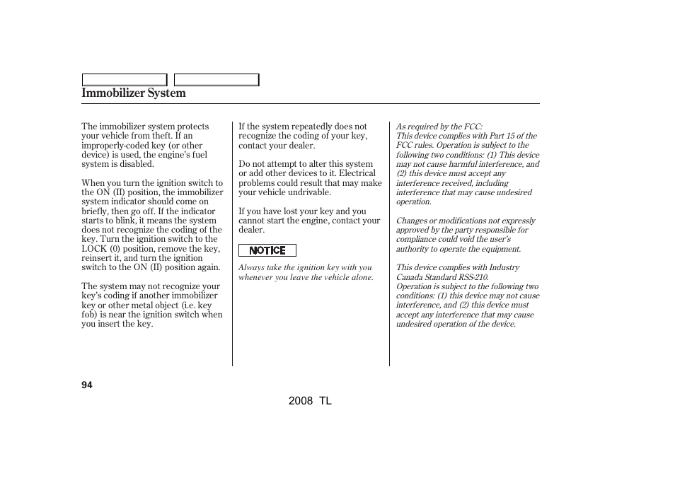 Immobilizer system | Acura 2008 TL - Owner's Manual User Manual | Page 97 / 376