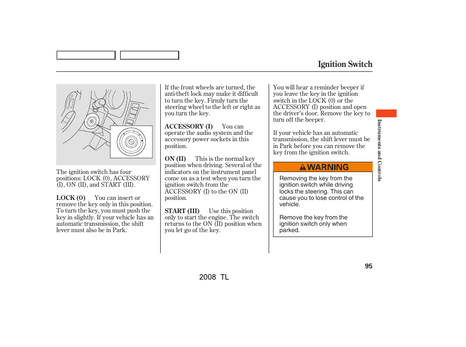 Ignition switch, 2008 tl | Acura 2008 TL - Owner's Manual User Manual | Page 98 / 376