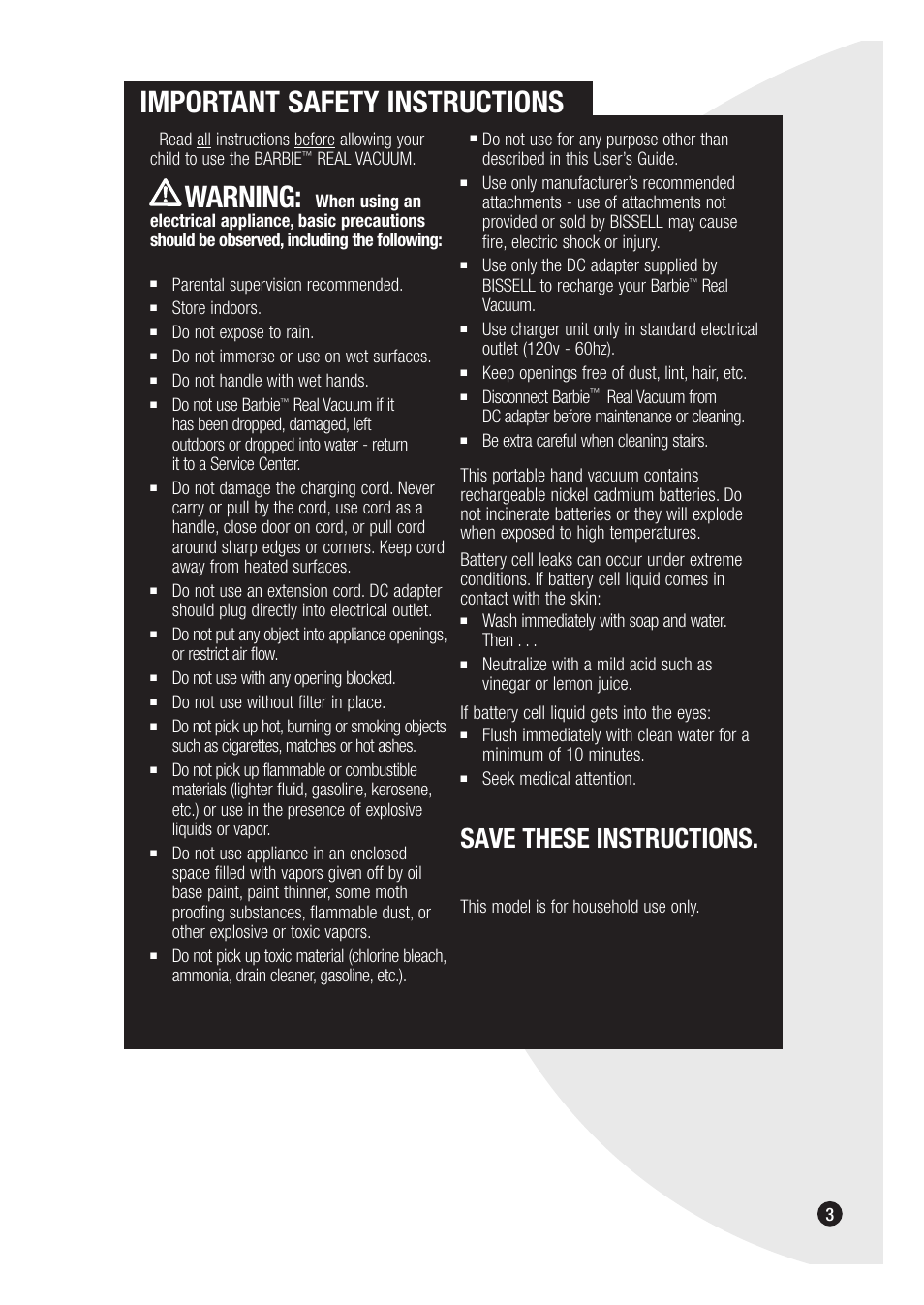 Important safety instructions, Warning, Save these instructions | Bissell Barbie Real Vacuum 3600 User Manual | Page 3 / 8