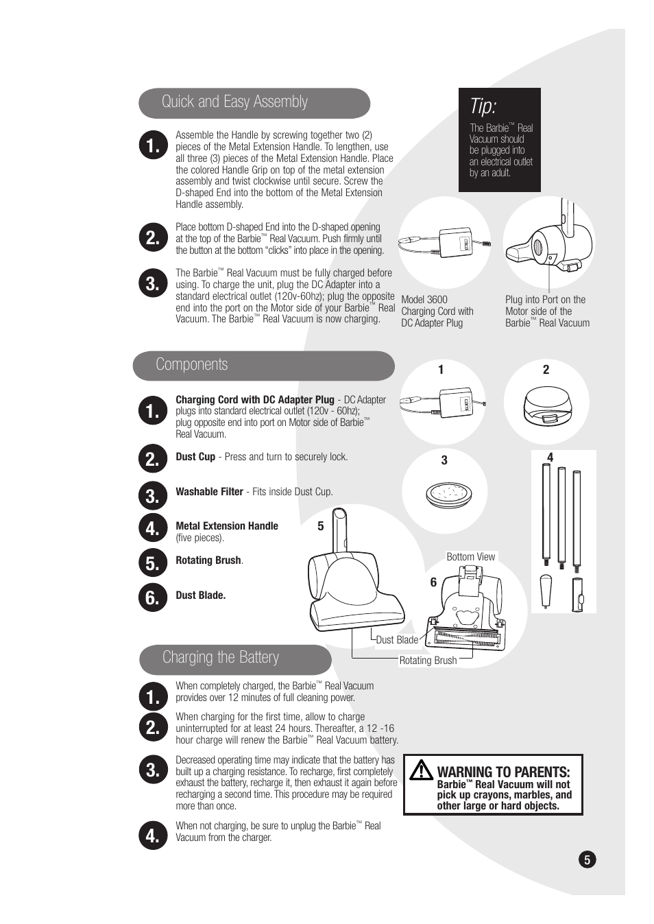 Quick and easy assembly, Components, Charging the battery | Bissell Barbie Real Vacuum 3600 User Manual | Page 5 / 8