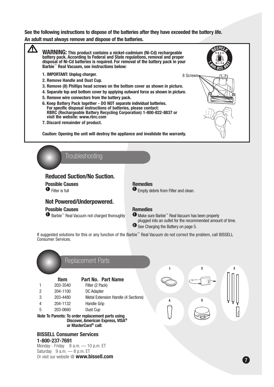 Troubleshooting, Replacement parts, Warning | Reduced suction/no suction, Not powered/underpowered | Bissell Barbie Real Vacuum 3600 User Manual | Page 7 / 8