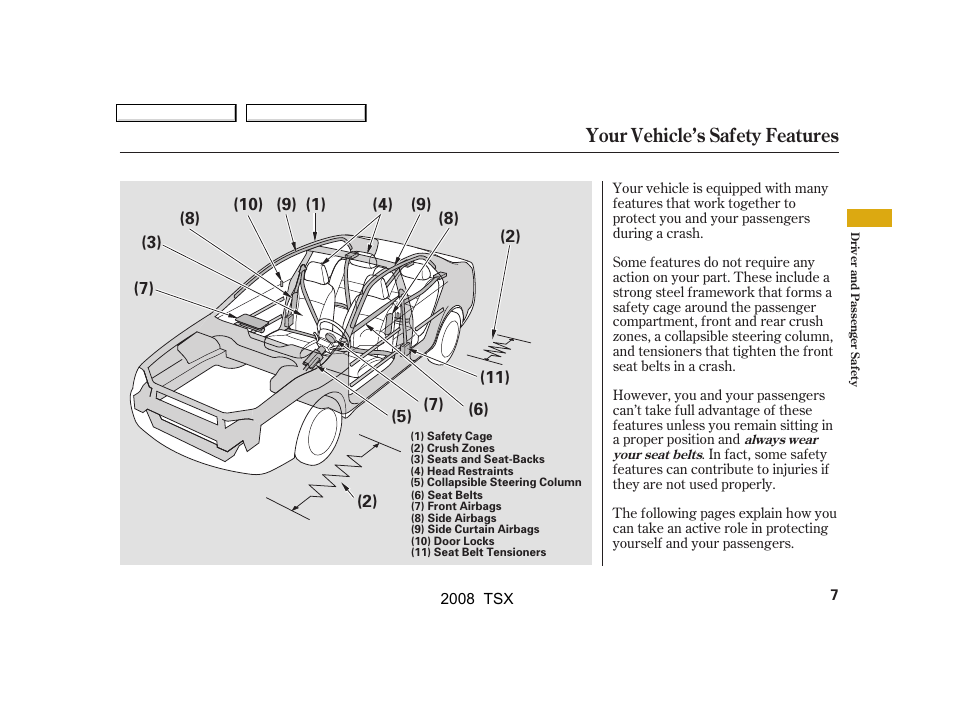 Your vehicle’s safety features | Acura 2008 TSX - Owner's Manual User Manual | Page 10 / 388