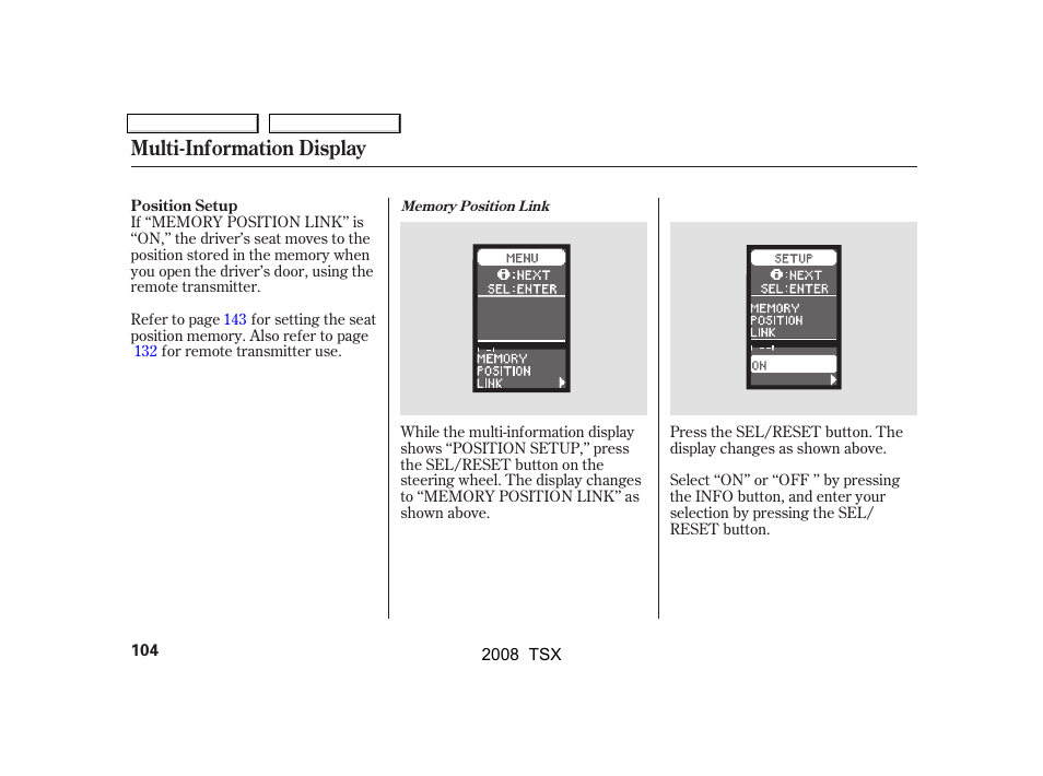 Multi-information display | Acura 2008 TSX - Owner's Manual User Manual | Page 107 / 388