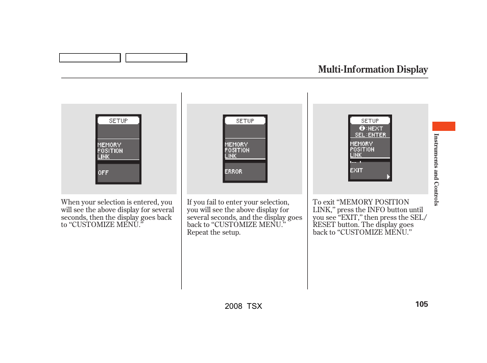 Multi-information display | Acura 2008 TSX - Owner's Manual User Manual | Page 108 / 388