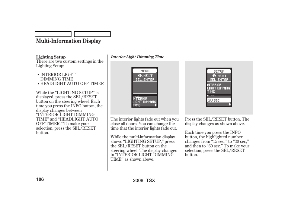 Multi-information display | Acura 2008 TSX - Owner's Manual User Manual | Page 109 / 388
