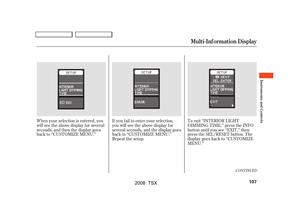 Multi-information display | Acura 2008 TSX - Owner's Manual User Manual | Page 110 / 388
