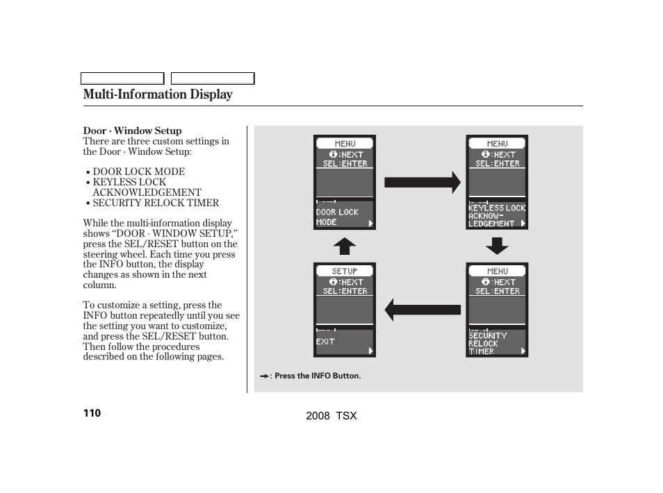 Multi-information display | Acura 2008 TSX - Owner's Manual User Manual | Page 113 / 388