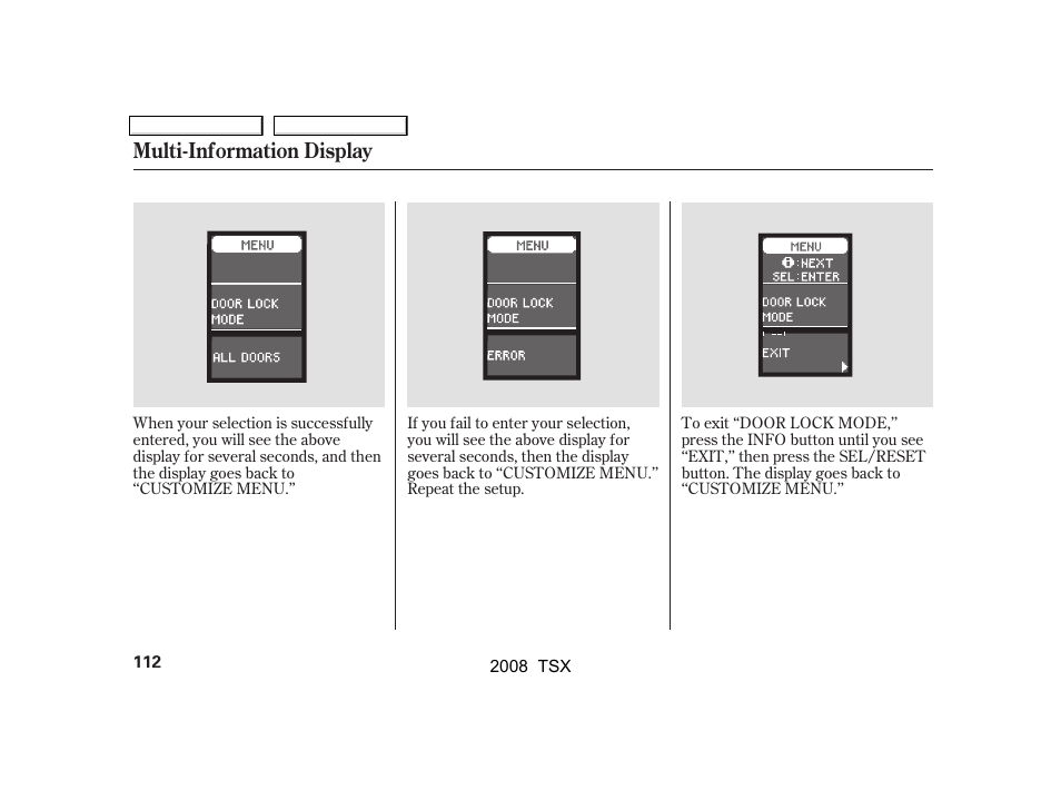 Multi-information display | Acura 2008 TSX - Owner's Manual User Manual | Page 115 / 388