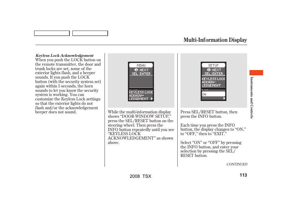 Multi-information display | Acura 2008 TSX - Owner's Manual User Manual | Page 116 / 388