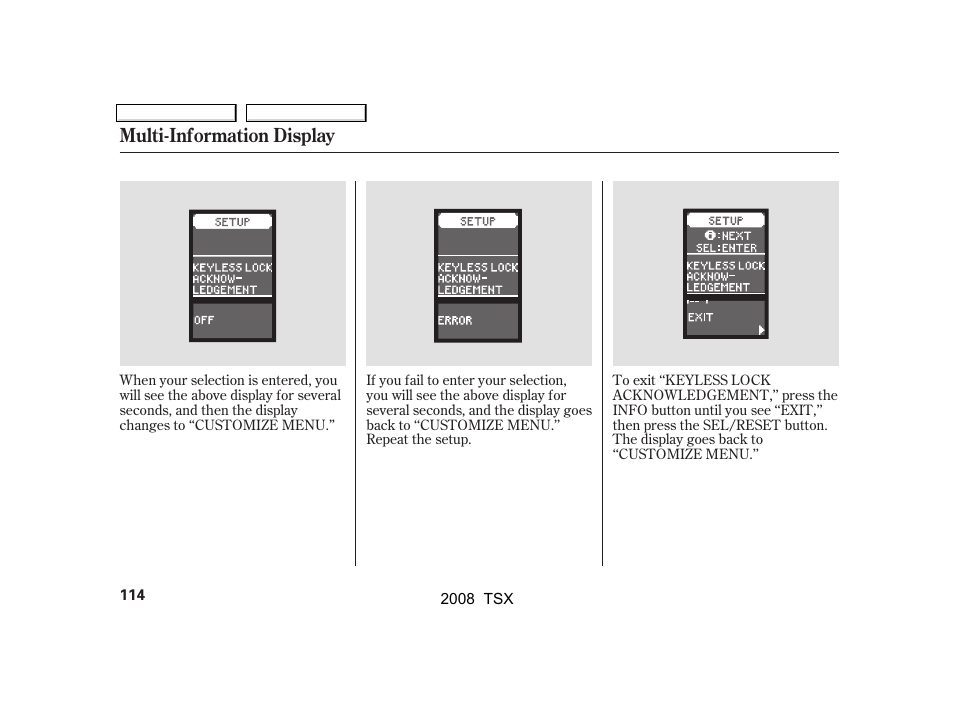 Multi-information display | Acura 2008 TSX - Owner's Manual User Manual | Page 117 / 388