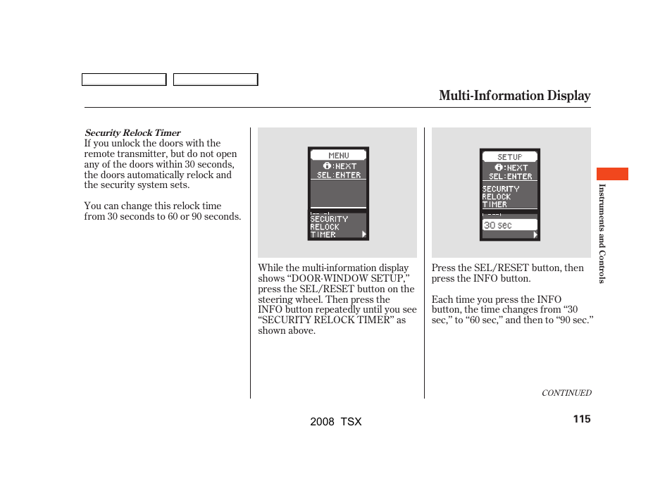 Multi-information display | Acura 2008 TSX - Owner's Manual User Manual | Page 118 / 388
