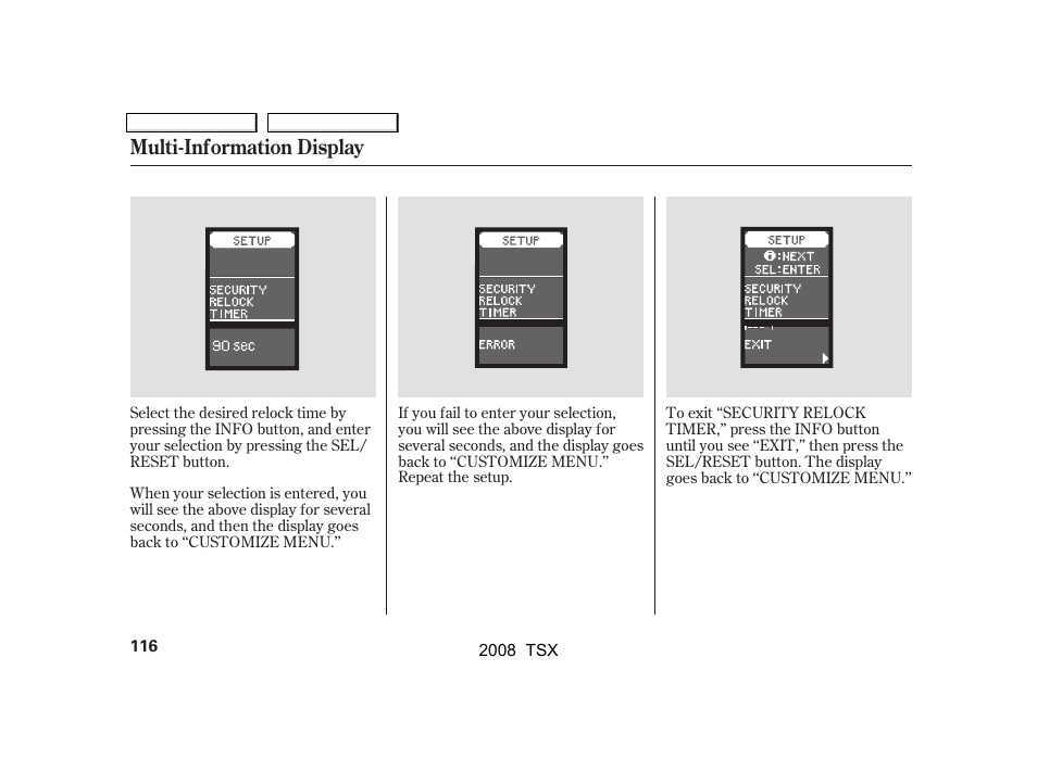Multi-information display | Acura 2008 TSX - Owner's Manual User Manual | Page 119 / 388